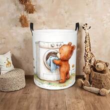 1pc Cartoon Bear Washing Machine Pattern Foldable Laundry Hamper With Handles, Large Capacity Storage Basket, Multifunctional Organizer Bin For Dirty Clothes & Sundries, Lovely Home Decor For Bedroom, Bathroom & Dormitory - Multicolor - View 3