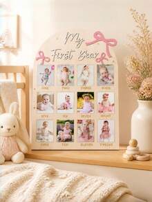 12 Monthly Picture Frame,One Year Birthday Wooden Photo Board, My First Year Milestone Photo Board Baby First Year Wood Sign - Three Pink Bows - View 5