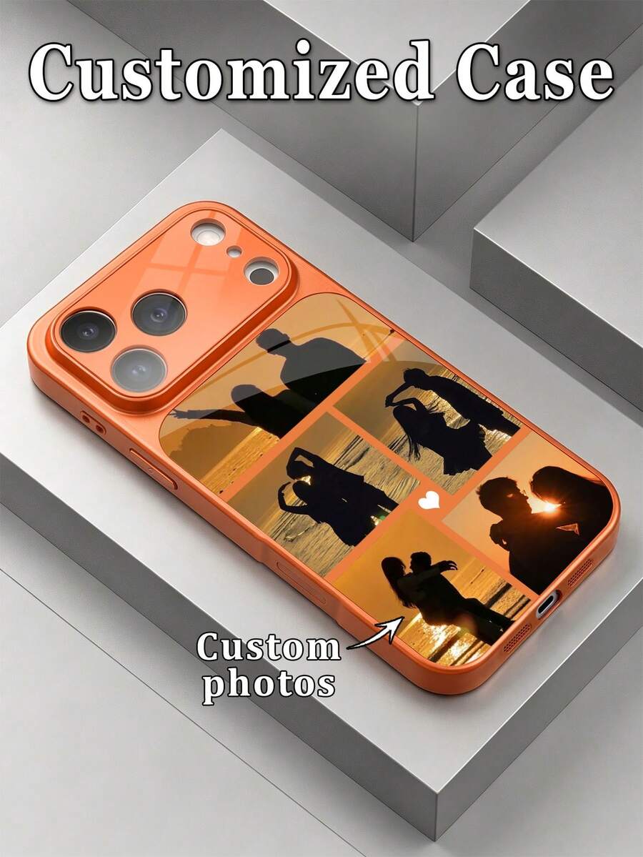 1pc Customized 5-Photo Family/Couple Orange Luxury Fashion Large Window Tempered Glass Phone Case With Lens Protection, Matte Anti-Drop Full Coverage Premium Protective Cover For IPhone 17/17Pro/17ProMax/17Air/16/16Pro/16ProMax/16Plus/15/15Plus/15Pro/15ProMax/14/14Plus/14Pro/14ProMax/13/13Pro/13ProMax/12/11 - Orange - View 1