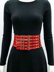 1pc Women's Red Punk Fashion Perforated Metal Belt, Versatile Hollow Decorative Accessory - Red - View 2