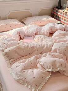 3pcs 100% Polyester 2026 New Collection Girl's Heart Series Aesthetic Romantic Green Ditsy Floral Ruffle Edge Duvet Set, 2 Ruffle Edge Pillowcases + 1 Ruffle Edge Duvet Cover Set Combination (No Bed Sheet) - Cherry Pollen - View 4