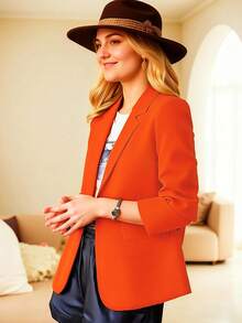 HOMEYEE Plus Size Blazer Jacket With Lapel Collar, Long Sleeve, Pockets, Back Slit, Vintage Elegant Casual Formal Business Wear Spring Fall - Orange - View 3