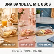 Cake And Butter Box With Natural Bamboo Base And Glass Lid, Kitchen Storage Container For Pastries, Size 14.5x19x6.5 Cm - White - View 7