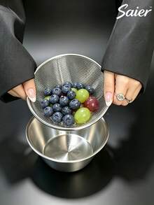 Multifunctional Stainless Steel Colander Bowl Set | Minimalist Ins Style Fine Mesh Strainer And Prep Bowl | Kitchen Fruit Blueberry Drainer Basket, Nut Salad Sauce Serving Bowl - Standard - View 2
