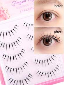 5 Pairs A-Type False Eyelashes, Japanese And Korean Delicate Style, Tapered Long Design Naturally Enhances Eye Shape, Creates 3D Big Eye Makeup Effect, Soft And Lightweight Fiber Bundles For Comfortable Fit, Easy And Quick DIY Application, Saves Makeup Time, Suitable For Beginners, Reusable, Ideal For Commute, Date, Travel, Party And Holiday Makeup, Perfect Gift For Best Friend And Girlfriend - Black - View 3