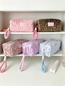 1pc Leopard Print Plush Makeup Bag With Convenient Handle, Keeps Hands Warm In Winter. Available In Multiple Colors, This Multifunctional Storage Bag Can Also Be Used To Store Makeup Brushes, Skincare Products, Lipsticks, Earphones And Other Items - Multicolor - View 2