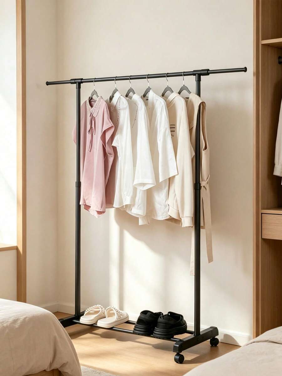 1pc Classic Small Retractable Single Pole Standing Clothes Rack, Storage Rack, Coat Rack, Drying Rack, Large Capacity, Floor Standing, Home Coat Rack Shoe Rack, Suitable For Bedroom, Living Room, Balcony, Laundry Room, Drying, Balcony Clothes, Towels, Bags, Shoes, Hats Storage, Bathroom Clothes Rack, Assembly Required, - View 1