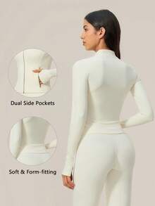 TimeOff Women's 1pc Solid Color Stand Collar Zip-Up Jacket With Side Pockets And Thumb Holes, Autumn/Winter - White - View 3