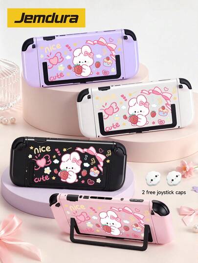 New Switch 2 Protective Case (2025) Game Accessory, 1pc Compatible With Switch 2/Switch OLED/Switch NS/Lite, Cartoon Strawberry Rabbit Pattern Protective Shell, Storage Bag, Switch Battery Version Game Console Accessory Protective Case, Anti-Scratch Cover, Free Joystick Cap, Best Gift Compatible With Switch Game Players.