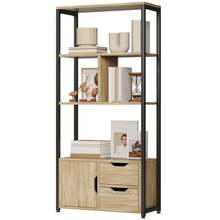 Boekenkast in industriële stijl met 3 planken, een kastdeur en 2 lades, 58 x 24 x 122 cm, natuurlijke houtlook, zwart staal - A - Bekijken 2
