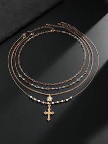 4pcs/Set Vintage Luxury Multicolor Crystal Cross Pendant Necklace, Men's Daily Wear Accessory, Great Holiday Gift - 4pcs - View 4