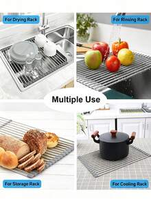 Foldable Sink Drying Rack, With Stainless‑Steel Poles And Silicone Edging. Available In Multiple Sizes And Colors, Heat‑Resistant, For Draining Tableware. It Can Be Rolled Up For Storage After Use To Save Kitchen Space. - Multiple Specifications - View 7
