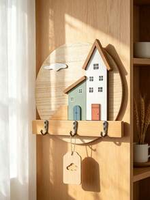 1pc 3D House Pattern Wooden Wall Hook, Nordic Fresh Style Cloud Shaped Decor, With 3 Metal Hooks, Wall-Mounted Key Rack, Suitable For Entryway Home Decor, All Season Daily Use - Multicolor - View 6