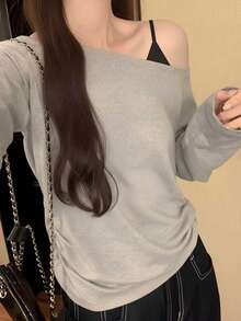 Light Gray Square Neck Solid Color Side Ruched Long Sleeve T-Shirt Women Autumn Slim Fit Flattering Sexy Style 2 In 1 Camisole Off-Shoulder Casual - Light Grey - View 4
