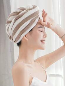 Thickened High-Density Cationic Coral Fleece Hair Drying Cap For Women, Soft Absorbent Head Wrap, Minimalist Striped Bath Cap - Multicolor - View 5