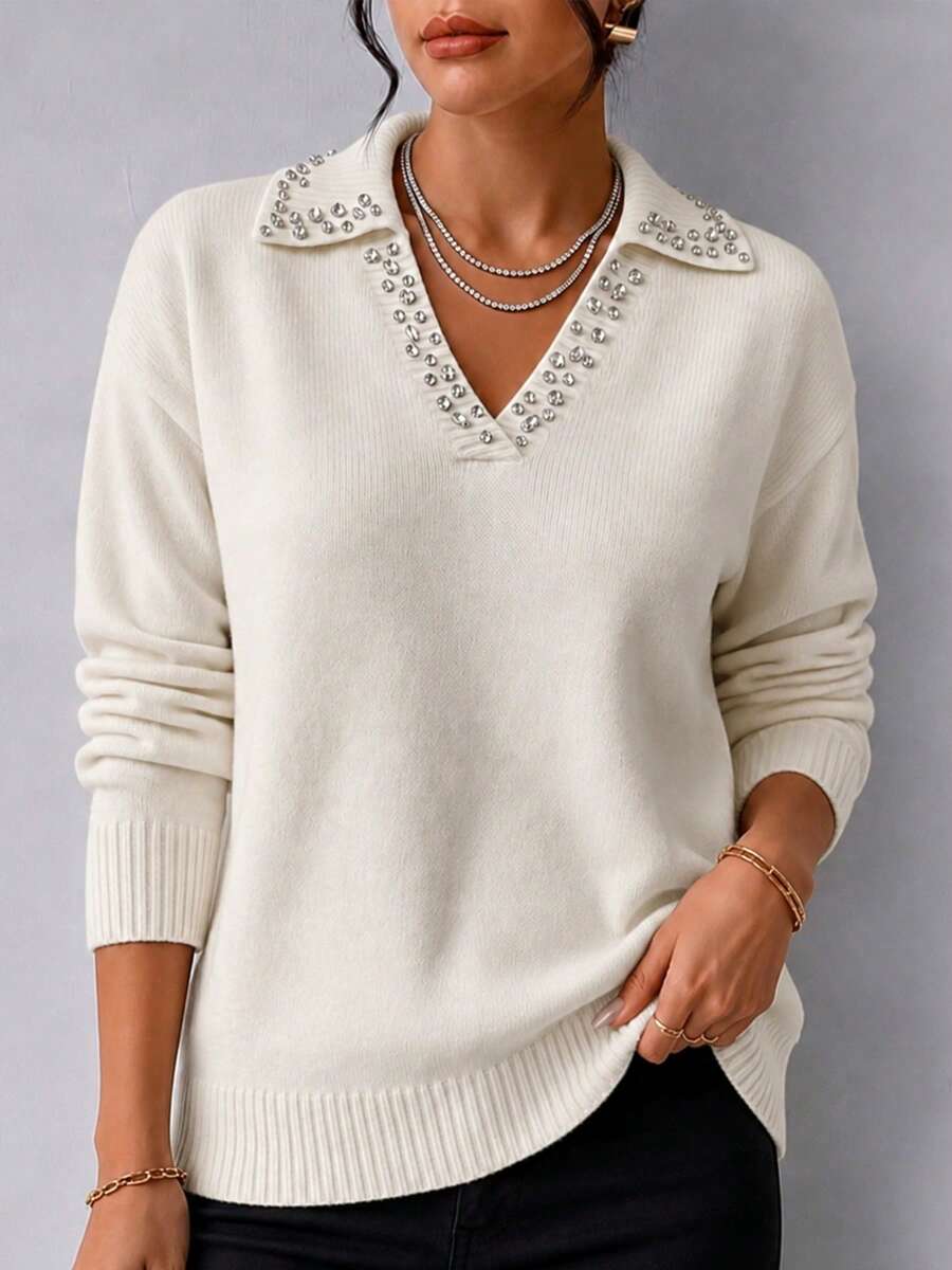 Plus Size Rhinestone V-Neck Knit Sweater, Long Sleeve Loose Elegant Pullover Top, Autumn/Winter Office Commute Blouse - Beige - View 1