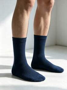 1/5/10 Pairs Pure Dark Blue All-Match Mid-Calf Men's Socks, Breathable & Sweat-Absorbent, Versatile Sports Socks, Business Commuter Socks, Suitable For All Seasons - Navy Blue - View 7