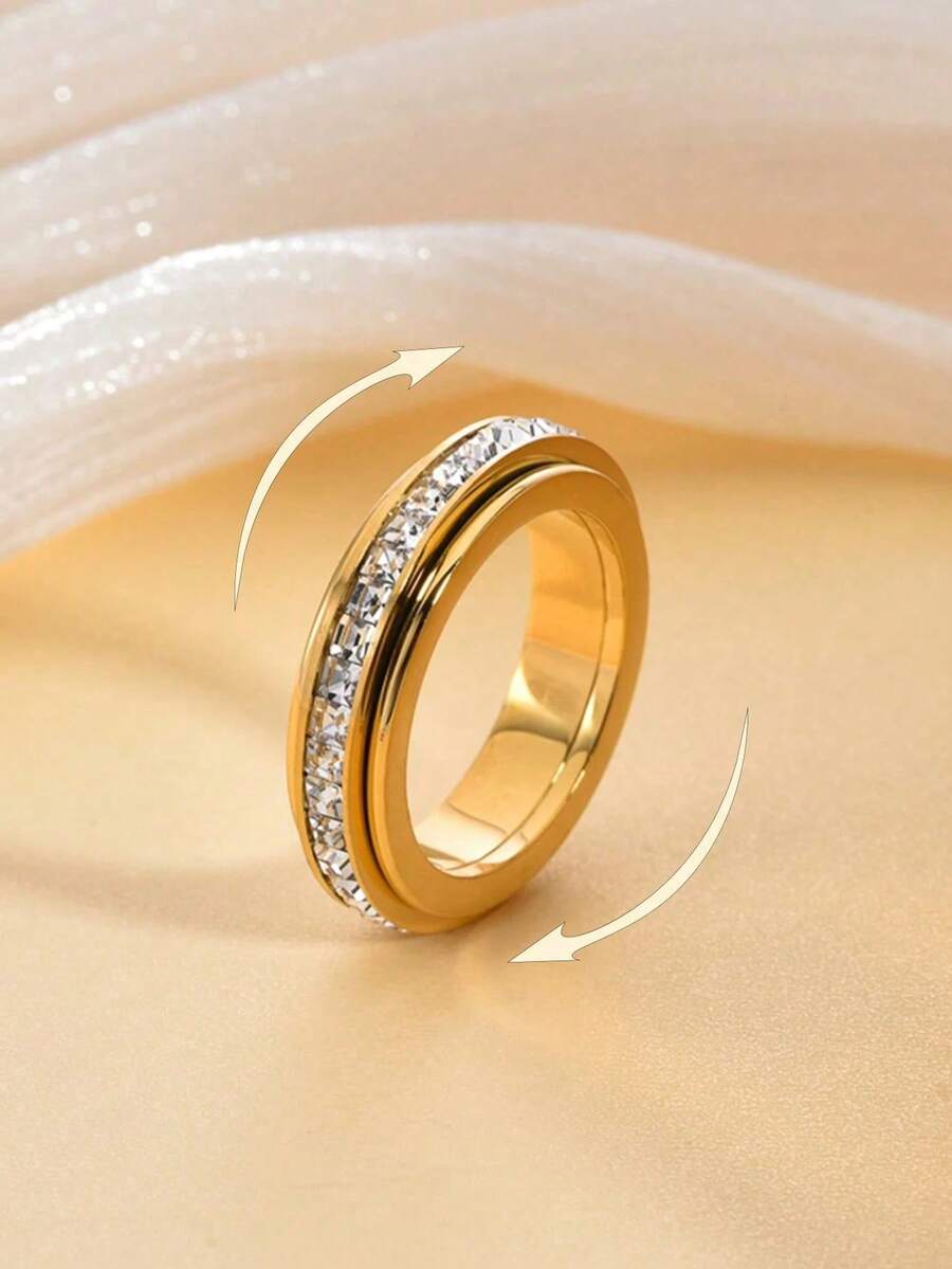1pc Stainless Steel Rotatable Double Circle Square Diamond "Time Flies" Ring, Constellation Couple Ring, Suitable For Daily Wear & Stress Relief - Multicolor - View 1