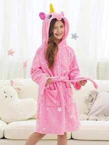 Tween Girl 粉色独角兽与星空图案系带睡袍 - 彩色 - 查看 3