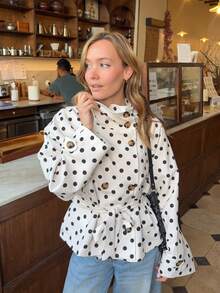 Women's Polka Dot Drawstring Loose Windbreaker Jacket, Casual Wear For Autumn & Winter Vacation - Apricot - View 3
