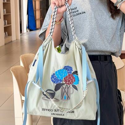 Nuevo bolso de hombro para mujer, serie de jarrón con bordado japonés, de nailon, gran capacidad, bolso de transporte para ir al trabajo, ligero, plegable, adecuado para compras, uso casual, vacaciones y fiestas