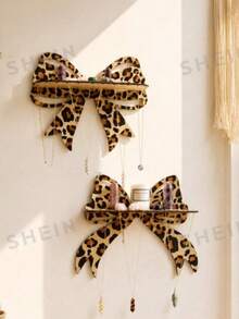 1pc Leopard Print Bow Wall Hanging Rack, Wooden Crystal Display Stand With Hooks, Decorative Hanging Jewelry Storage Rack, Suitable For Bedroom, Living Room Or Vanity, Leopard Print Design, Home Decor, Room Decor, Wall Decor Gift, Birthday Graduation Gift - Leopard Print Bow - View 3
