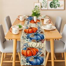 1pc Autumn Pumpkin Table Runner, Blue Orange White Pumpkin Floral Wood Grain Background, Suitable For Indoor/Outdoor Party, Kitchen Home Dining Table Center Decor, Living Room Rectangular Dining Table, Restaurant - Blue and White - View 6