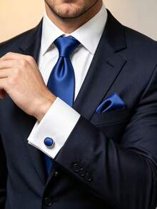 1套純色男士領帶套組，男士商務正式領帶（8cm）、口袋巾、袖扣3件組，適用商務場合、職場與婚禮派對 - 寶石藍 - 查看 1