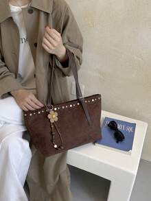 Women's Shoulder Tote Bag, Fashionable Elegant Autumn/Winter Matte Large Capacity Coffee Color Bag With Rivet Embellishment - Coffee - View 8