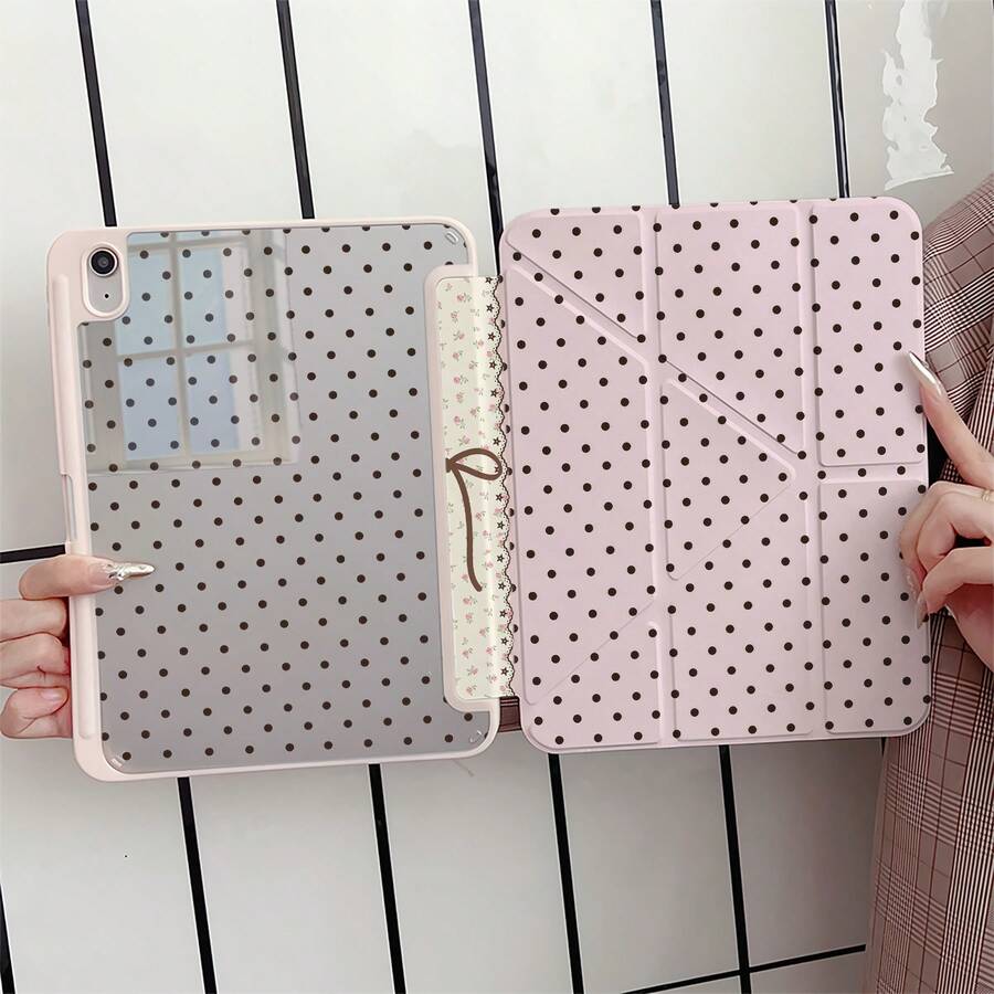 可愛粉色底棕色圓點蕾絲蝴蝶結裝飾平板保護殼，附筆槽，相容 iPad 11(A16)/10.9/10.2/Air 5th Gen/10th/9.7/Air13/Air 4/5/Pro 11/10th Generation/Air 13(M3 2025)/Air 11(M3 2025)/11(A16 2025)，相容 Galaxy S9/S7/S10+，相容 Galaxy Tab S6 Lite 10.4 吋，相容 Matepad