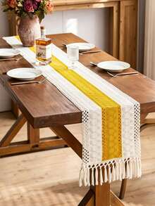 Bohemian Style Striped Table Runner, Yellow And White Woven Tassel Tablecloth, Farmhouse Style Hollow Crochet Placemat, Country Style Dining Table Centerpiece, Suitable For Dining Table, Birthday, Coffee Table, Wedding And Home Gathering - Middle Yellow - View 6