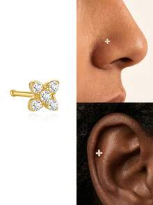 1pc 925 Sterling Silver Classic Flower CZ Zirconia Nose Stud, Hypoallergenic Nose Piercing Jewelry, Nose Ring, Unisex, Suitable For Daily Wear And Gift - Gold - View 4