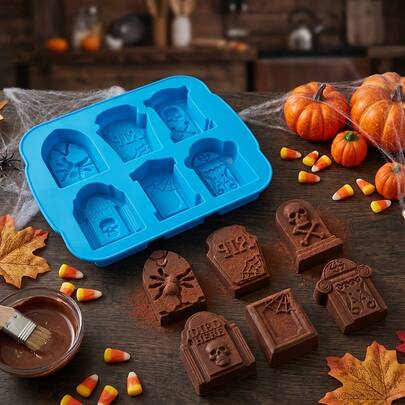 1個 6個取り ハロウィン 墓石 スカル クモ シリコンモールド、DIY ベーキング チョコレート キャンディ プリン ケーキモールド、秋のハロウィンパーティーのチョコレートとデザートの装飾に適しています