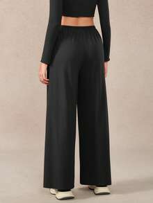 NcmRyu Women's 1pc Solid Color Drawstring Waist Side Pocket Wide Leg Long Pants, Autumn/Winter - Black - View 3