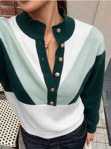 SEREN Women's New Colorblock Patchwork Mock Neck Knit Sweater, Autumn/Winter Vintage Long Sleeve Pullover, Casual Wear - Multicolor - View 3
