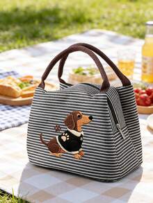 2d Sausage Dog Printed Striped Lunch Bag, Handbag, Striped Design, Multifunctional Storage Bag, Lightweight Travel Handbag, Exquisite Gift - Multicolor - View 5