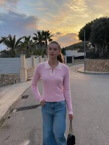 Sookaug Sweet Cherry Blossom Pink Short Knitted Sweater V-Neck Turn Collar Sexy Style Slim Fit Youthful Cable Knit Long Sleeve Sweater, 2026 New Arrival, Women's Pink Knitted Sweater, Long Sleeve Ribbed V-Neck Basic Top, Suitable For College Style Autumn Outfit - Pink - View 2