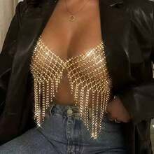 Nightclub Party Shiny Tassel Crystal Body Chain, Women's Sexy Mesh Rhinestone Body Chain - Gold - View 3