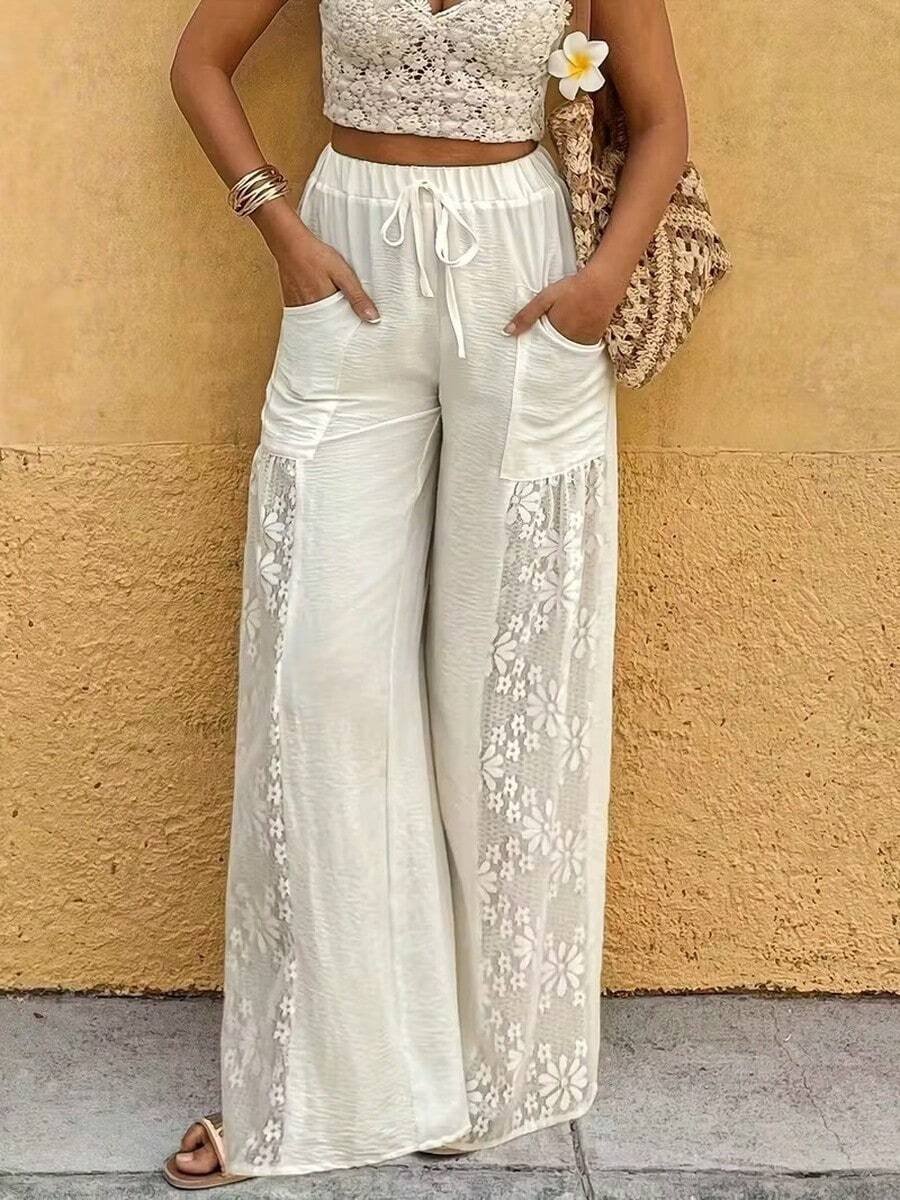 Women Solid Color Casual High Waist Straight Leg Pants With Elegant Lace Trim Detail Stylish Everyday Wear Spring Summer Fall - White - View 1
