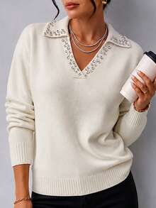 Plus Size Rhinestone V-Neck Knit Sweater, Long Sleeve Loose Elegant Pullover Top, Autumn/Winter Office Commute Blouse - Beige - View 2