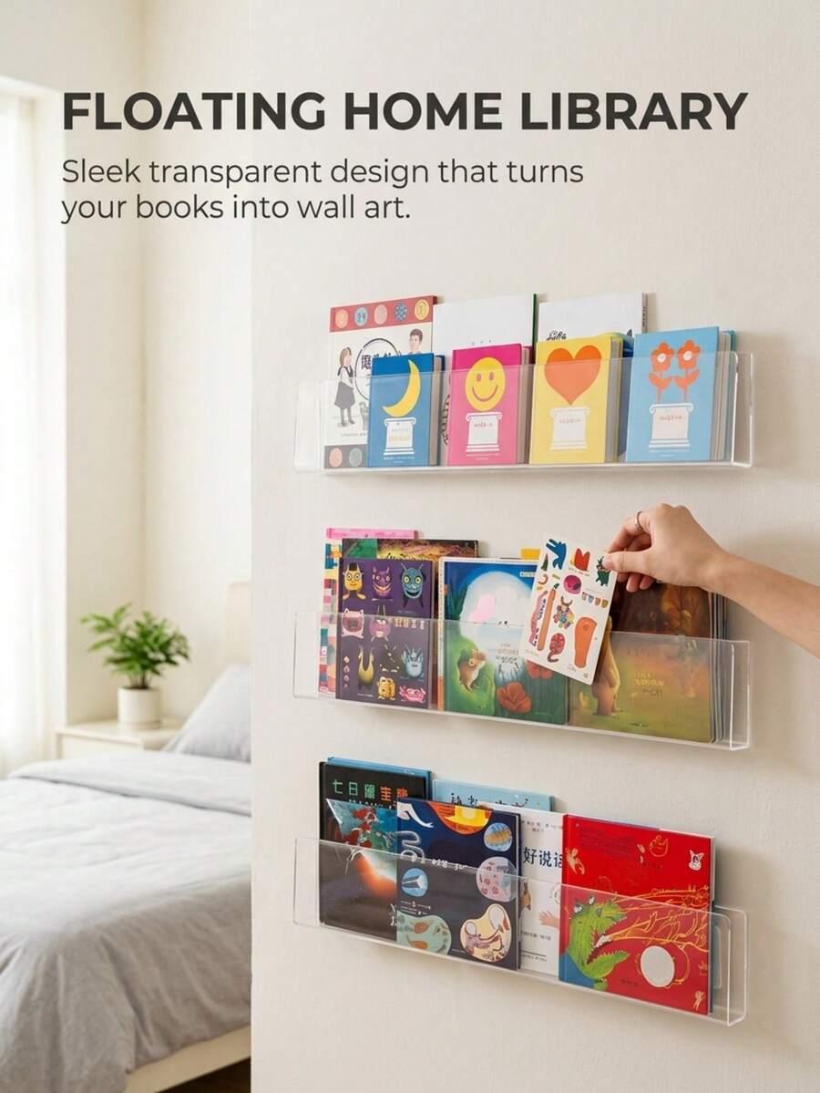 1/2/4/6pcs, No-Drill Wall-Mounted Book Storage Rack, Strong Load-Bearing Transparent Bookshelf, Large Capacity Wear-Resistant And Drop-Resistant Display Rack - Large Capacity, No-Drill, Strong Load-Bearing, Wear-Resistant And Drop-Resistant, Suitable For Office Document And Reading Material Storage, Bedroom Book Display And Organization, Study Room Figurine And Picture Book Display, Living Room Decorative Item Display, Rental Wall Space Expansion, Student Dormitory Book Storage. Large Capacity Space-Saving Office Storage Rack, Strong Load-Bearing Durable Bedroom Furniture Bookshelf, No-Drill Stable Wall-Mounted Storage Rack, Transparent And Beautiful Room Decoration Display Rack, Random Style. - Multicolor - View 1