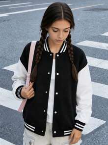 1 Pc Teen Girls Loose Fashionable Outdoor Sports Casual Fleece Baseball Jacket, Versatile Autumn/Winter - Black - View 1