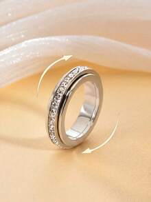 1pc Stainless Steel Rotatable Double Circle Square Diamond "Time Flies" Ring, Constellation Couple Ring, Suitable For Daily Wear & Stress Relief - Multicolor - View 5