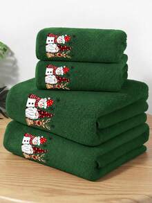 1pc/4pcs Christmas Pattern Towel Set, Reindeer Snowman Gnome Print, Soft Absorbent Coral Fleece Towels, Holiday Bathroom Decor, Christmas Gift - Green - View 9