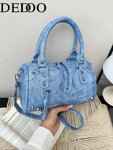 Dedoo Women Boston Handbag,Vintage Texture,PU Leather,Rivet Zipper Tassel Detail,Crossbody,Retro Punk Style,For Ladies Autumn Winter Daily Wear - Blue - View 2