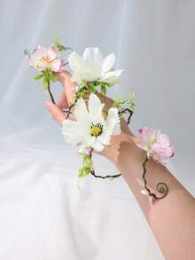 1pc Bridal Romantic Bohemian Fairy Style White & Pink Artificial Flower Arm Cuff, Adjustable Bendable Vine Armband For Wedding Bridesmaid Prom Photo Party - White - View 6