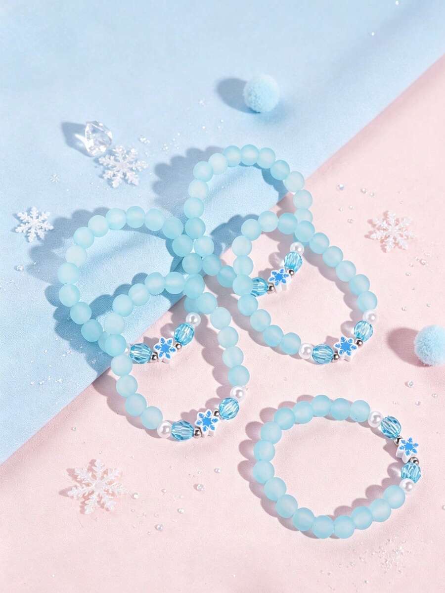 5pcs/Set Cute Soft Clay Snowflake Hanging Decor Blue Crystal Beaded Bracelet Set, Suitable For Daily Wear, Party Gifts - Multicolor - View 1