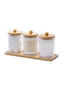 3pcs Transparent Plastic Round Cotton Swab Storage Box (With Tray) / 1pc Modern Portable Desktop Storage Box (For Home Use) - Multicolor - View 7