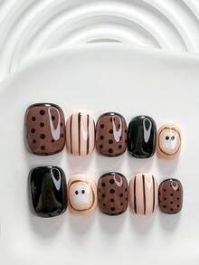 Halloween Theme 10pcs Cute Handmade Press-On Nails Polygel Nail Art Set, Polka Dot Ghost Design, Black White Brown Color Scheme, Unique Style, Includes Nail Tools, 3 Sizes Available: Square/Short Square/Almond Shape, Suitable For Party, Ball And Daily Wear - Multicolor - View 20