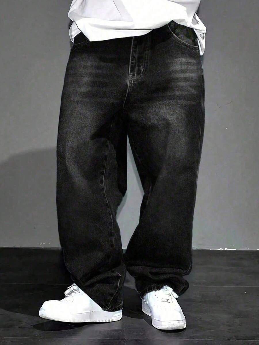 Y2K休閒寬腿牛仔褲,青少年男孩款,水洗丹寧,寬鬆版型街頭風戶外牛仔褲,復古經典休閒寬鬆丹寧長褲 - 黑色 - 查看 1